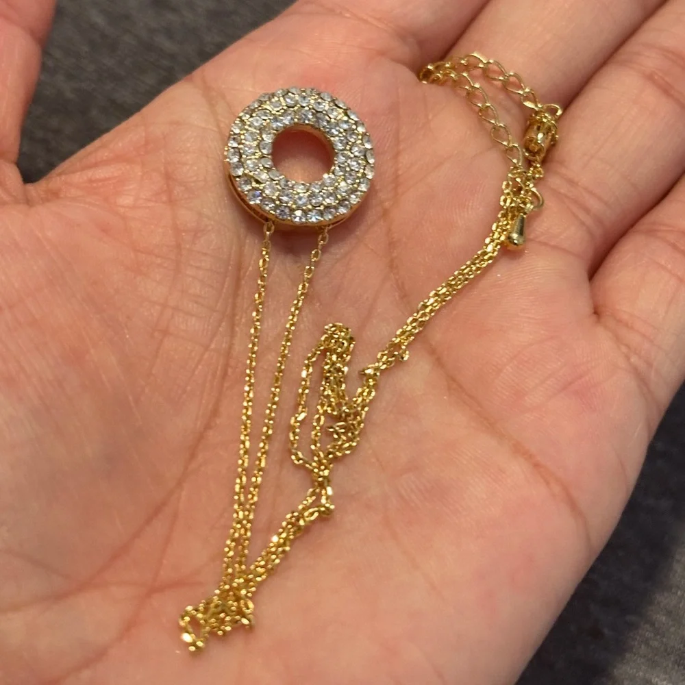 Rhinestone Circle/Donut Attached Pendant & Gold Chain Necklace, 16-20” Length - Picture 5 of 6